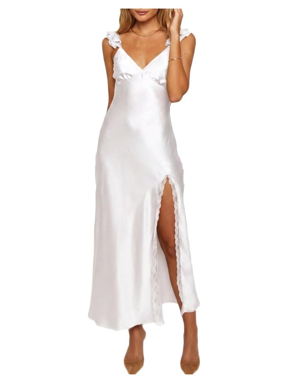 Satin Sleeveless Backless Lace Midi Dress Formal Wedding Cocktail